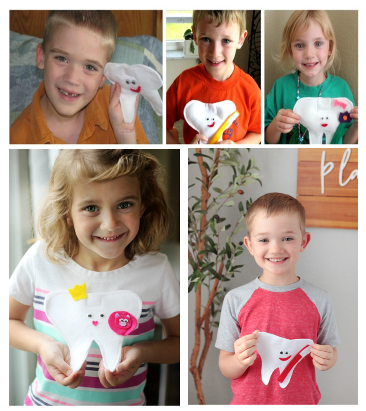 collage of kids with tooth pillows