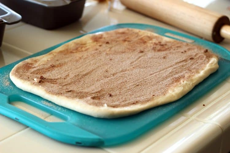 Bread dough rolled out into 9x13" rectangle, and sprinkled with cinnamon and sugar.