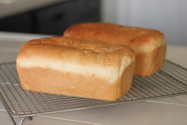 Two loaves of baked cinnamon swirl bread on cooling rack.