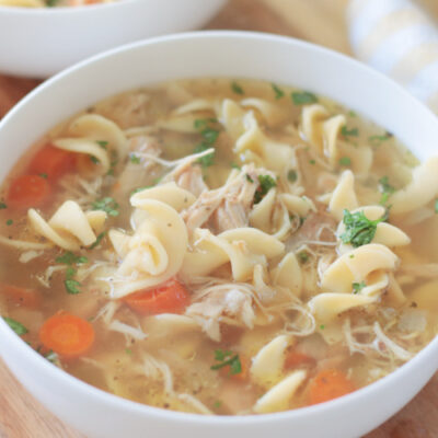 bowl of slow cooker chicken noodle soup