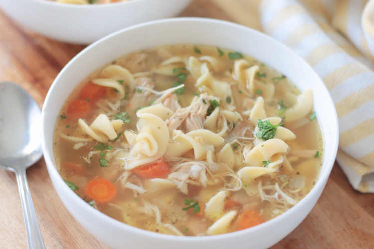 bowl of slow cooker chicken noodle soup