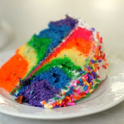 slice tie dyed cake on white plate
