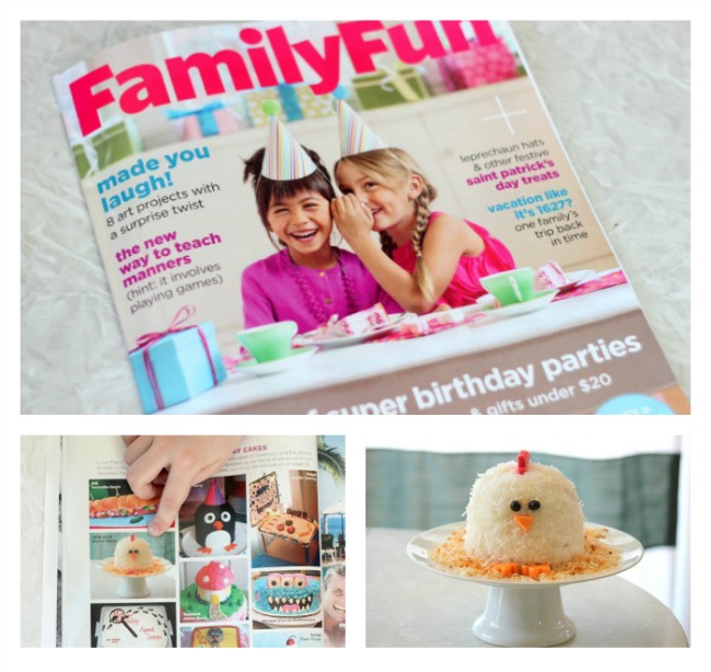 issue of family fun magazine with feature of chicken cake