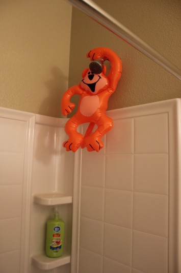 Phineas and Ferb Bucket List inflatable monkey in shower
