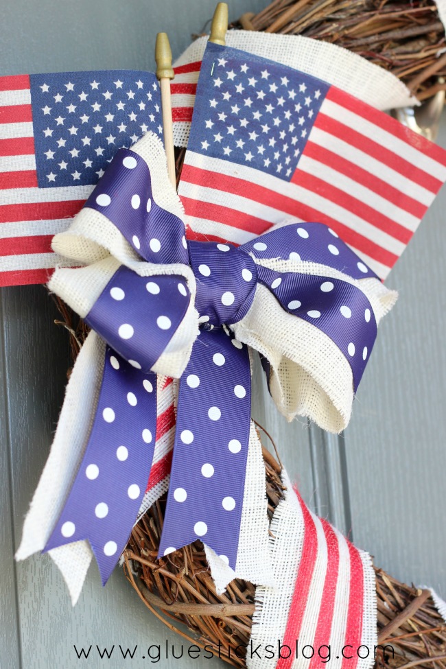 close up of bow on patriotic wreath