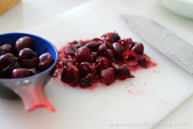 diced cherries on cutting board