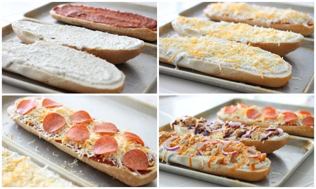 French bread pizza unbaked on pans