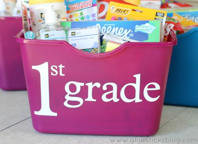 tote of school supplies for first grade