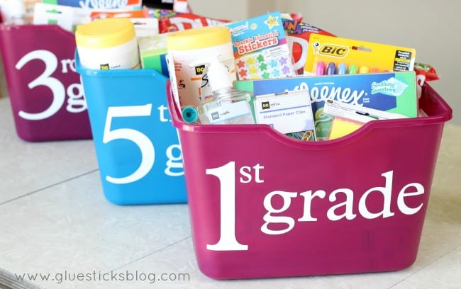 tote of school supplies for first and fifth grade