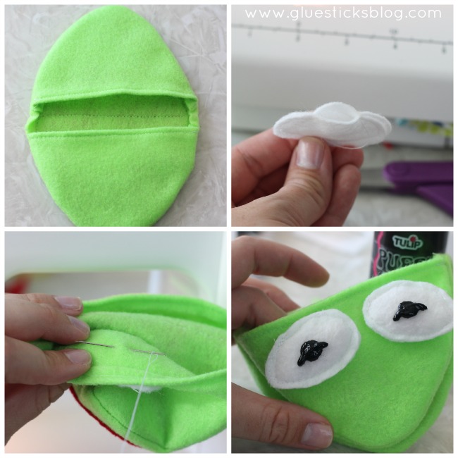 adding eyes to frog puppet
