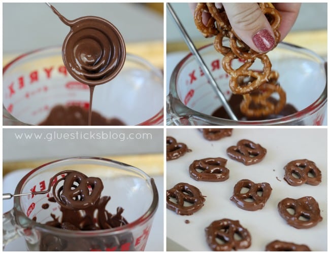collage of pretzels being dipped into chocolate