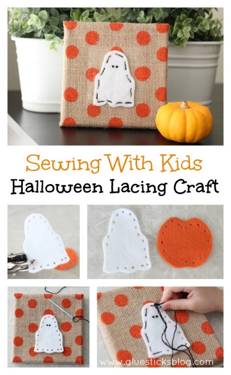 Halloween Lacing Craft in pumpkin and ghost shapes