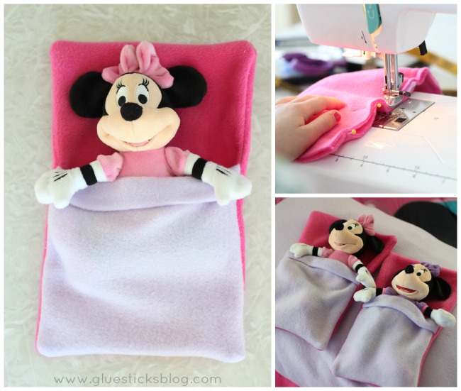 Minnie Mouse stuffed animal in small toys sleeping bag