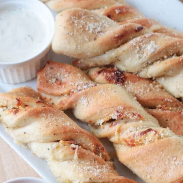 platter of garlic twists and dipping sauces
