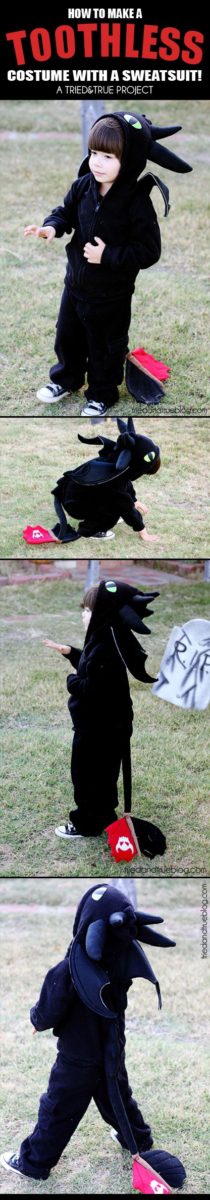 little boy wearing toothless costume