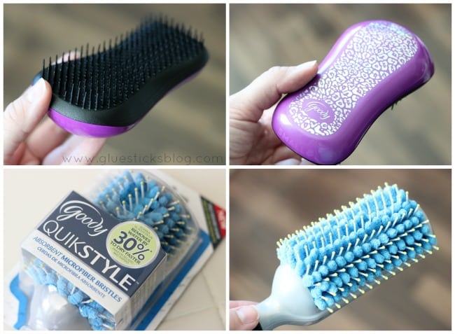 purple and blue hair brushes