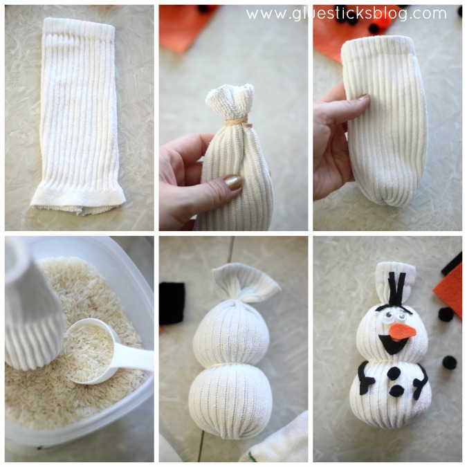 A quick and easy sock snowman for kids to make. No sewing involved! Fill with rice or pillow stuffing for a darling stuffed toy!