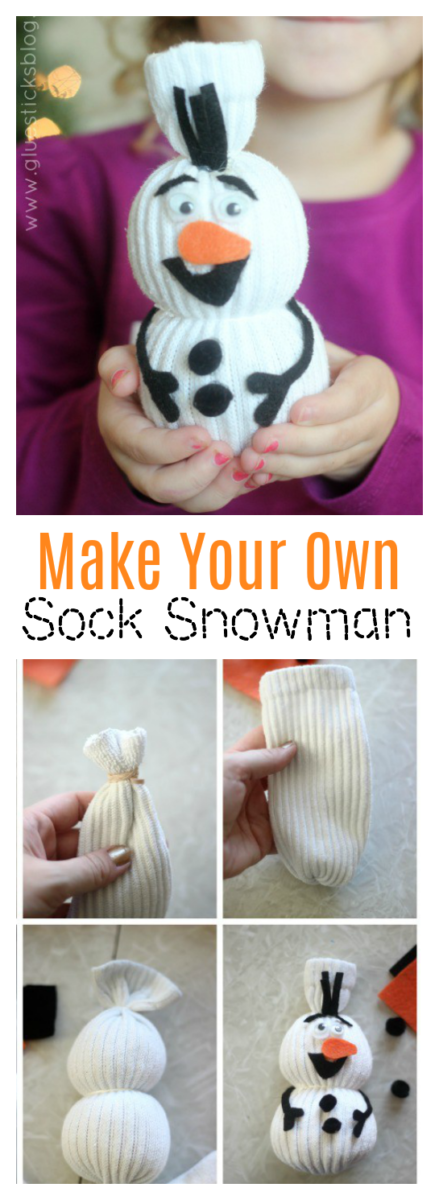 A quick and easy sock snowman for kids to make. No sewing involved! Fill with rice or pillow stuffing for a darling stuffed toy!