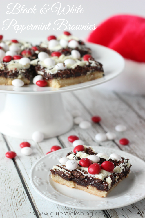 These black and white peppermint brownies combine a sugar cookie, brownie,two types of chocolate, and M&Ms White Chocolate Peppermint Candies. Absolutely beautiful and perfect to give to friends this holiday season!