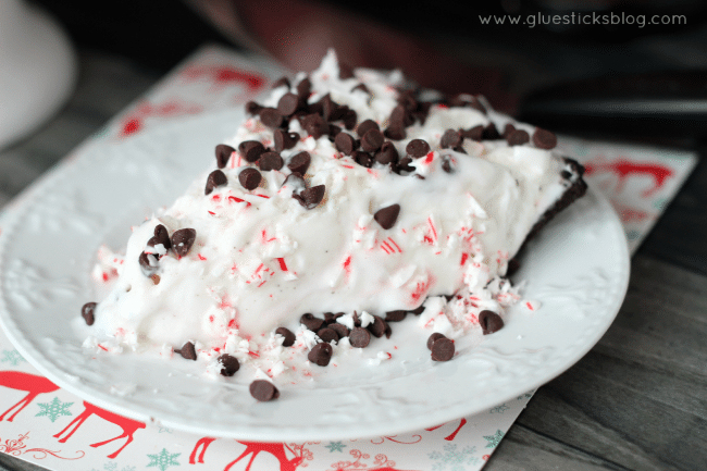 peppermint ice cream pie slice on white plate