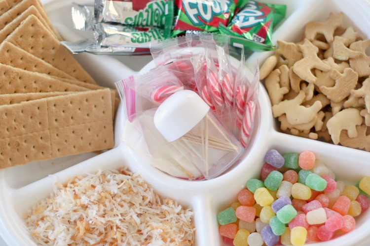 divided tray with gum drops, candy canes, fruit roll ups and animal crackers