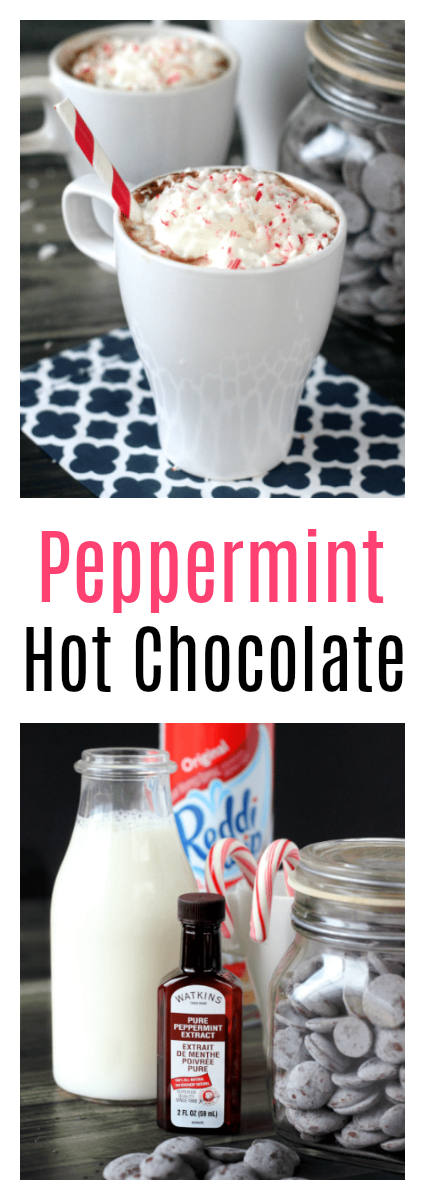 This rich and creamy peppermint hot chocolate recipe is made with Ghirardelli chocolates and topped with whipping cream.