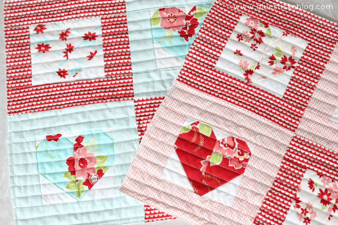 How to make quick and easy heart quilt squares! Stitch 4 together to make darling Valentine's day throw pillows!