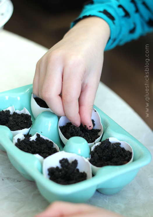 hand adding seeds over each egg shell filled with soil