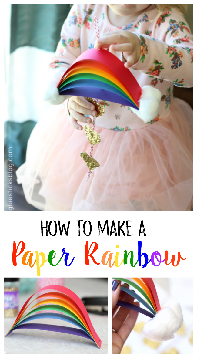 A bright, colorful, and glittery St. Patrick's Day rainbow craft for kids! Use craft paper in a rainbow of colors to make this quick and easy rainbow. Then add cotton balls for the clouds!