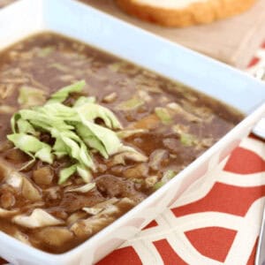 Bowl of corned beef and cabbage soup.