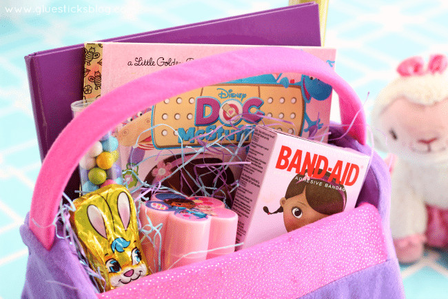 So many cute Easter basket ideas for girls who love Disney Junior and Doc McStuffins! Mini nail polish, stuffed lamb, coordinating fillers and a journal!