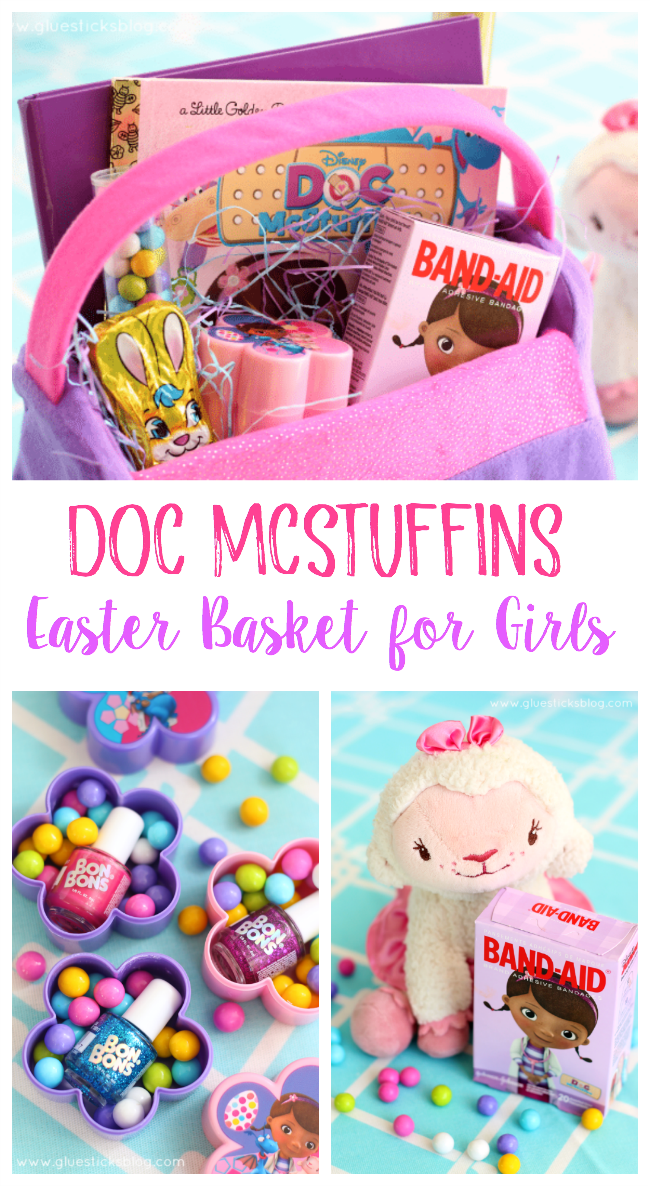 So many cute Easter basket ideas for girls who love Disney Junior and Doc McStuffins! Mini nail polish, stuffed lamb, coordinating fillers and a journal!