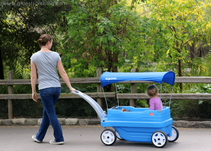 mom pulling daughter in wagon at the zoo