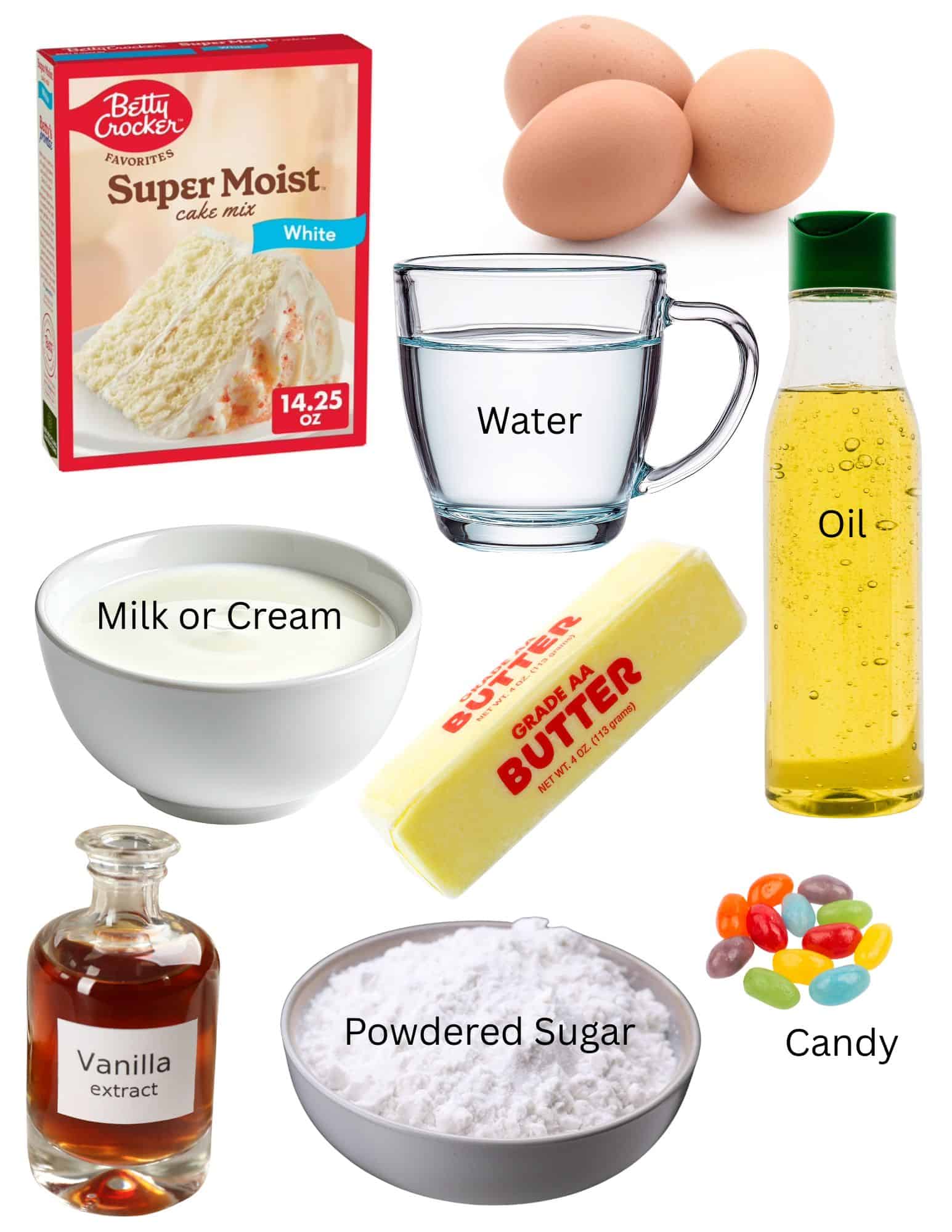 Box of cake mix, eggs, water, bottle of oil, bottle of vanilla extract, bowl of cream, stick of butter, bowl of powdered sugar and pile of jelly beans. 