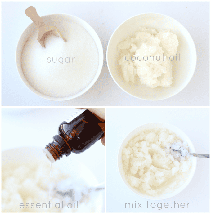 Bowls of sugar, essential oil and coconut oil.