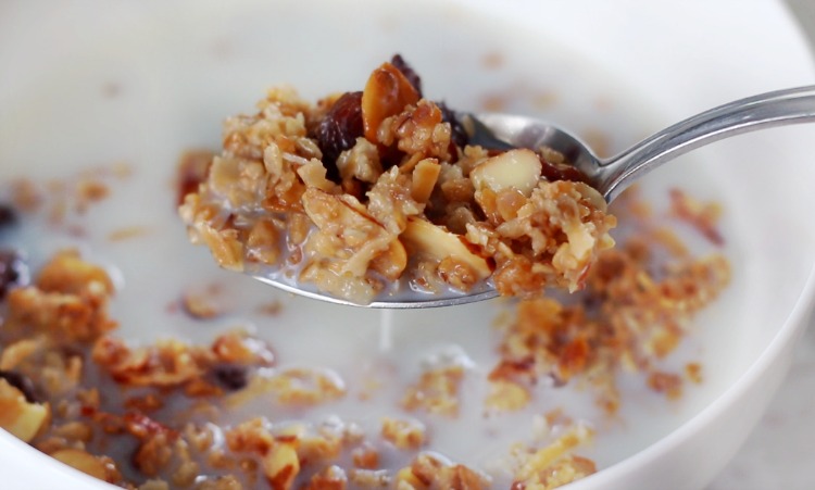 granola in bowl with milk