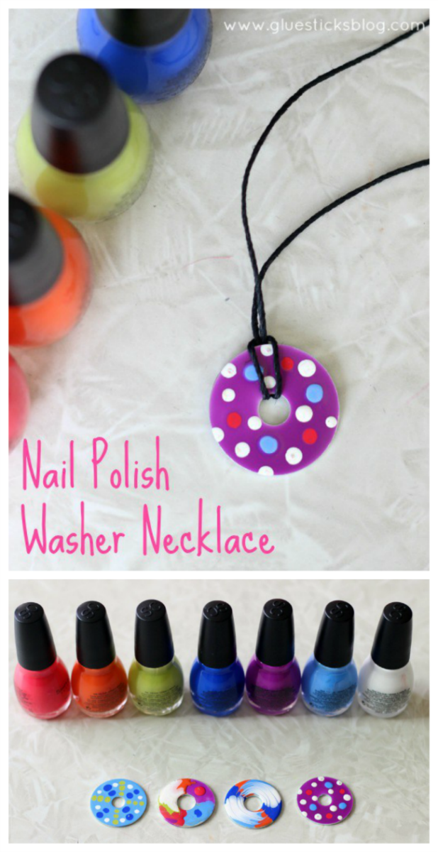 These nail polish washer necklaces are such a unique craft to make! Simply paint a metal washer with nail polish and let dry. Use different colors to create patterns. A great camp project for teens!