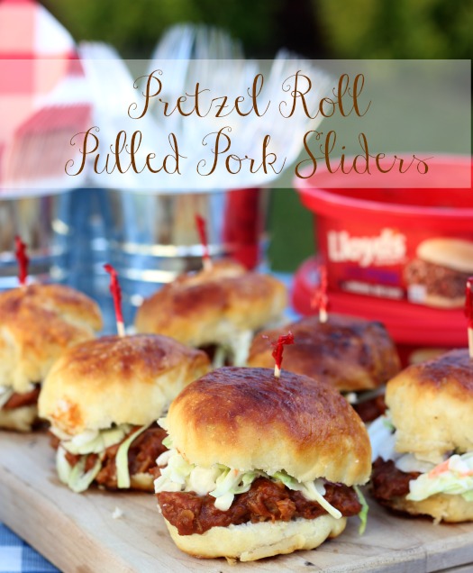 pulled pork sliders on homemade pretzel roll buns