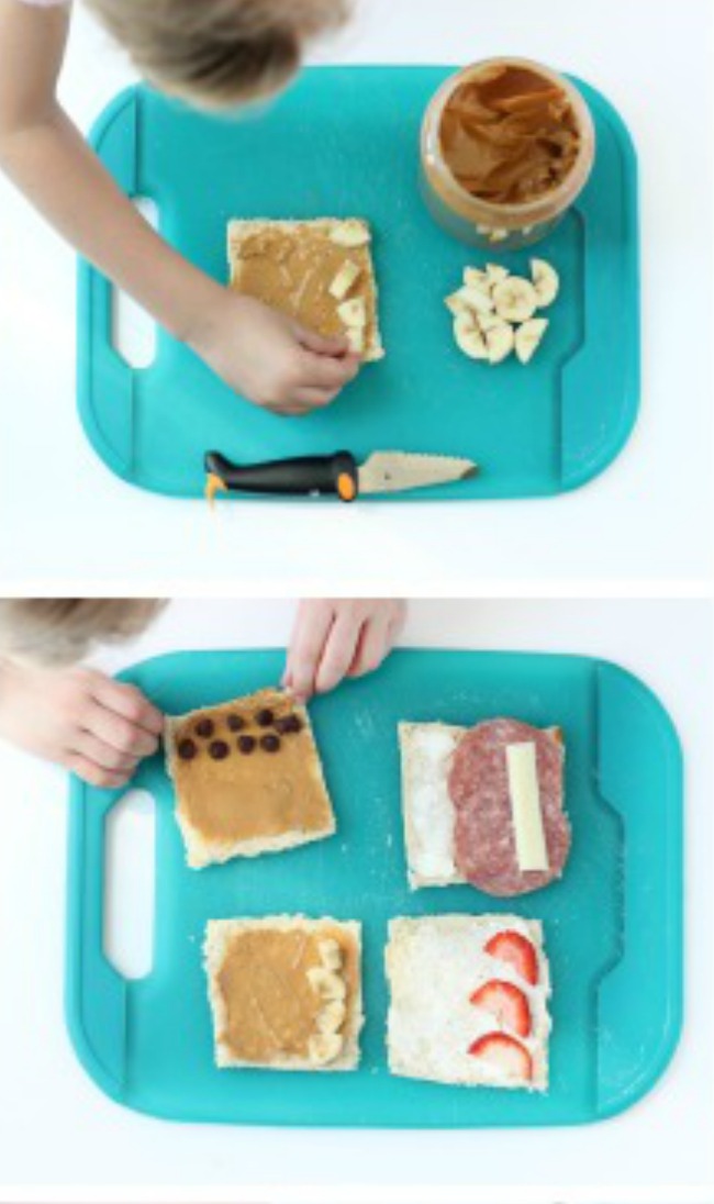 "Sushi" sandwich rolls ups are a quick and easy recipe for kids! A great intro to cutting skills and flavor combinations.