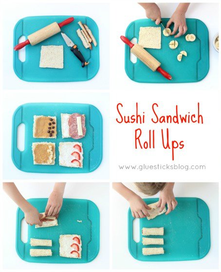 "Sushi" sandwich rolls ups are a quick and easy recipe for kids! A great intro to cutting skills and flavor combinations.