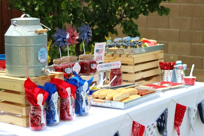 hot dogs and mason jars with red white and blue decor