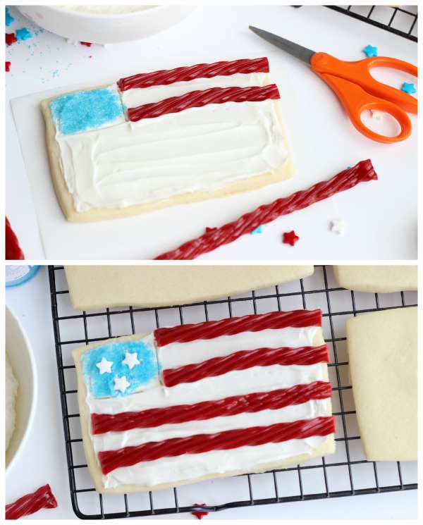 These flag sugar cookies are so easy to make with rectangle cookies and red licorice! Planning a BBQ for Memorial Day or the 4th of July? Don't forget a sugar cookies station for the kids! 