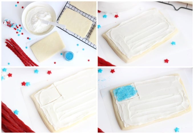 These flag sugar cookies are so easy to make with rectangle cookies and red licorice! Planning a BBQ for Memorial Day or the 4th of July? Don't forget a sugar cookies station for the kids! 