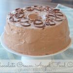 chocolate angel food cake on cake stand