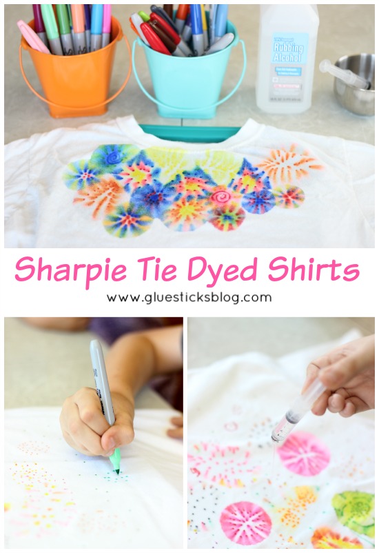 This quick and easy Sharpie tie dye tutorial will show you how to tie dye a shirt with Sharpie markers. (Mock tie dye) Such a fun activity to make with kids and the best part is watching the ink bleed and transform into so many neat designs!
