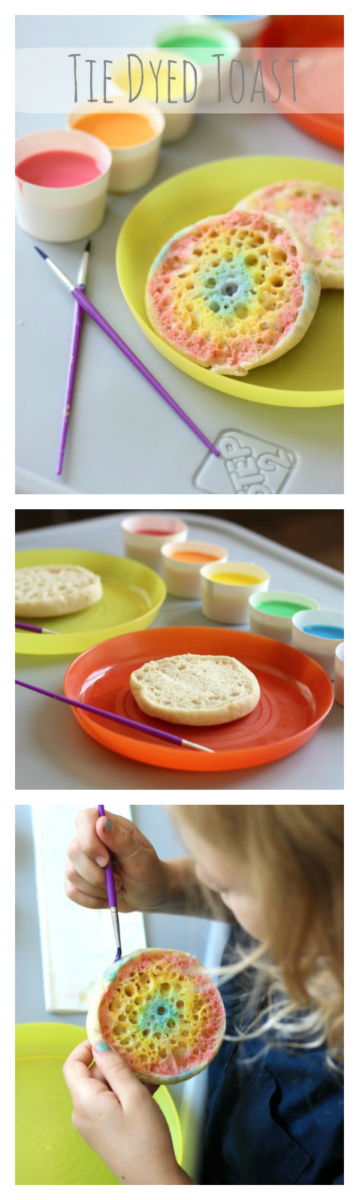 Tie Dyed Painted Toast is an art project and snack all in one! Add a few food coloring drops to milk then paint it onto your bread! When the bread has been toasted the paint will show up in bright and vivid colors and isn't soggy.