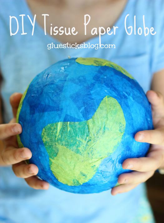 Tissue paper, a styrofoam ball, and a bit of glue is all you need to make a darling little globe craft. A fun craft for Earth Day or a solar system unit craft! Hang with a small hook and string from the ceiling for a fun way to display!