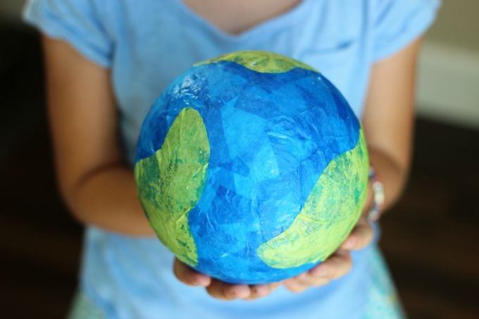 Tissue paper, a styrofoam ball, and a bit of glue is all you need to make a darling little globe craft. A fun craft for Earth Day or a solar system unit craft! Hang with a small hook and string from the ceiling for a fun way to display!