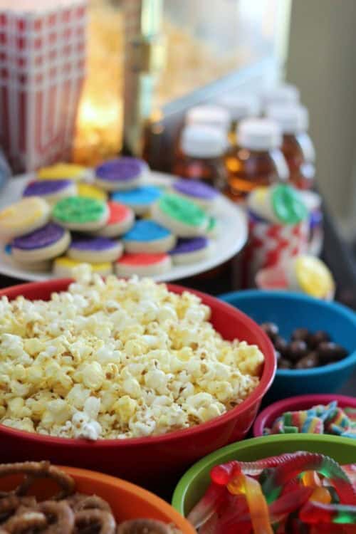 movie night snacks in colored bowls
