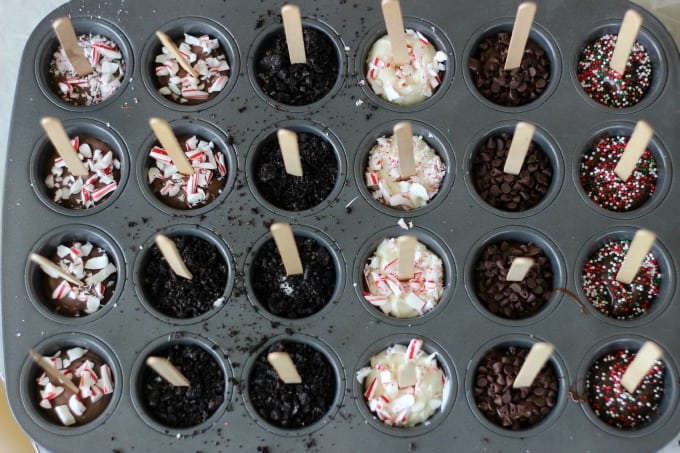 mini muffin pan of hot chocolate sticks